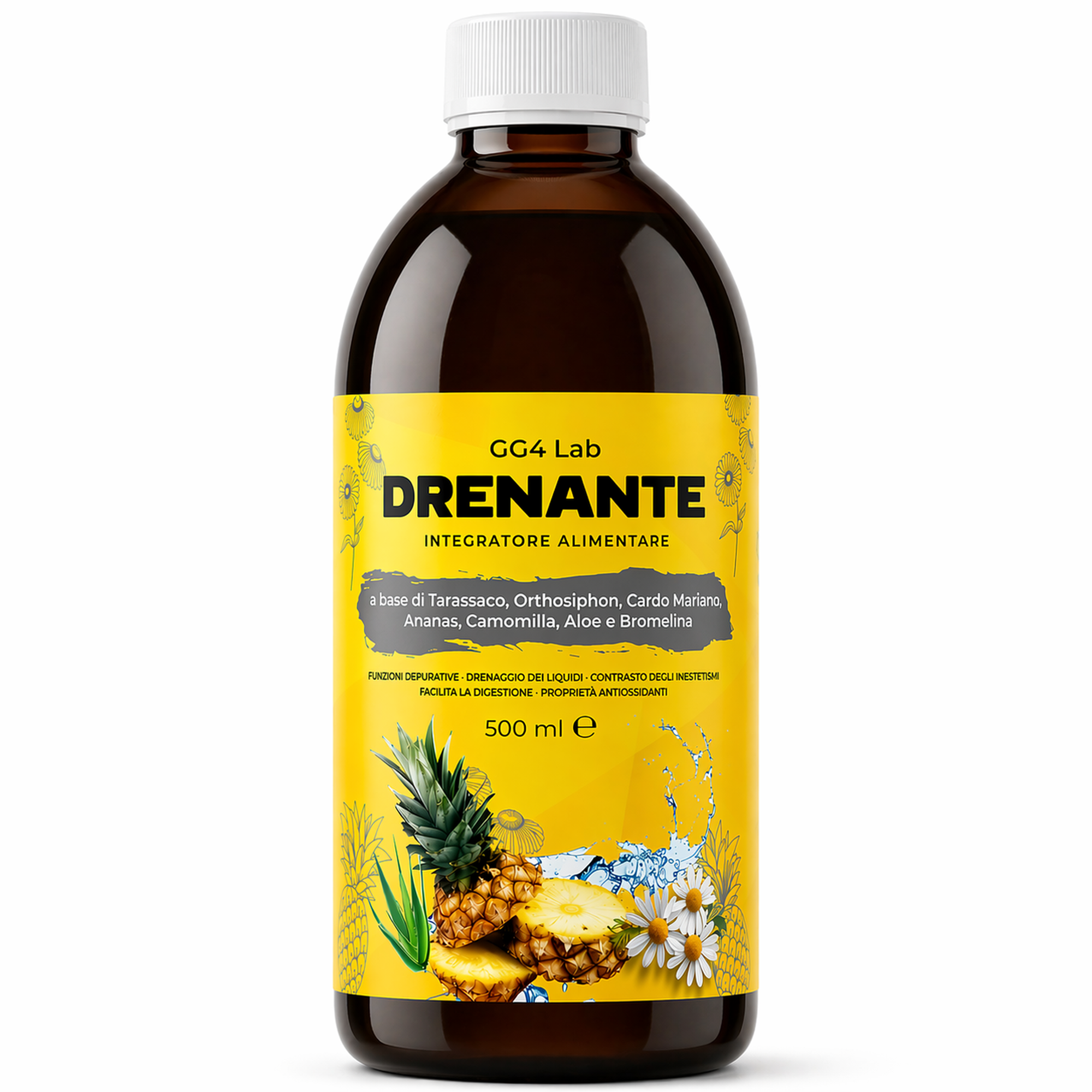 GG4Lab Drenante Liquido 500ml con Bromelina 2500 GDU — flacone Made in Italy