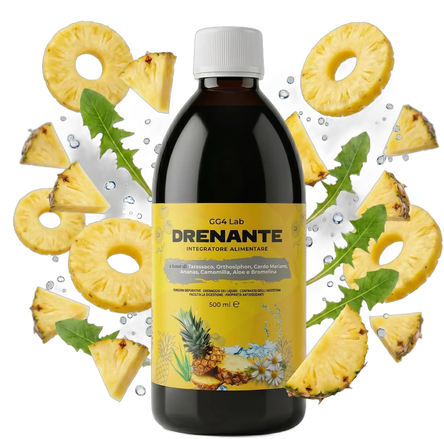 Flacone di Drenante Forte GG4Lab da 500 ml con ananas e foglie di tarassaco